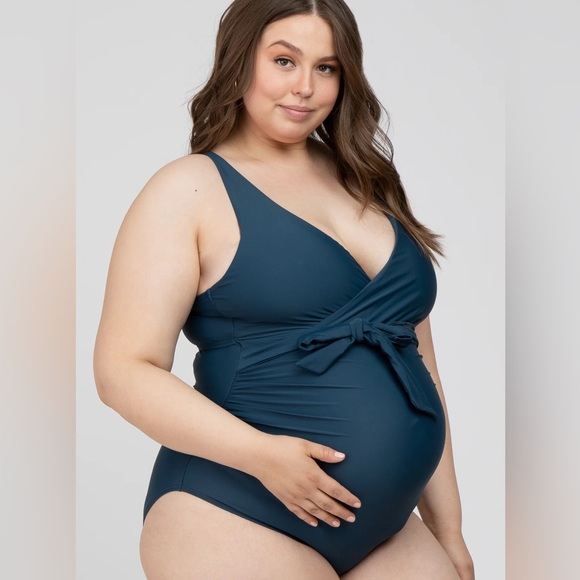 Navy Blue Waist Tie Maternity Plus One-Piece Swimsuit 1x Pinkblush - Picture 3 of 7